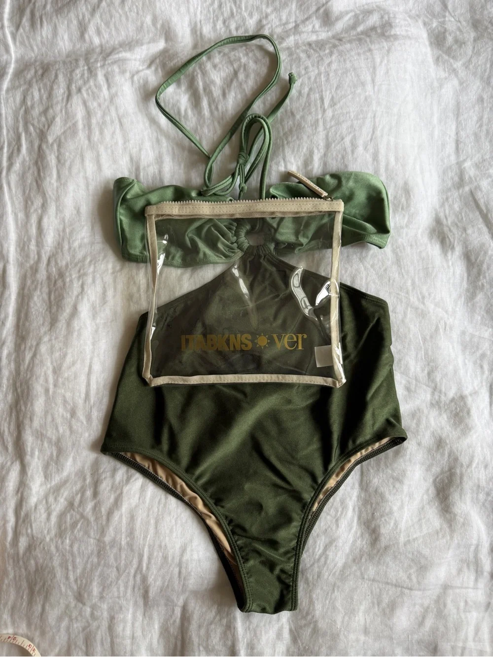 Olive Green Cutout One-Piece Swimsuit with Halter Tie